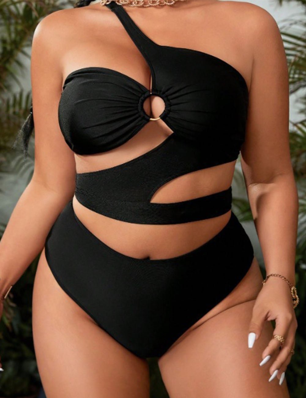 Women Plus Size One - Shoulder Hollow Two - Piece Swimsuit - PRUSES