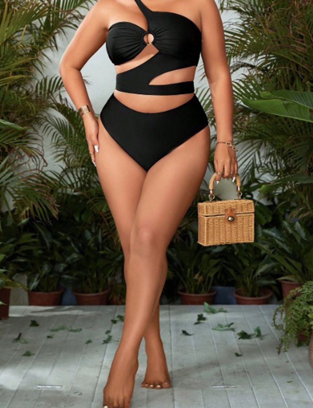 Women Plus Size One - Shoulder Hollow Two - Piece Swimsuit - PRUSES