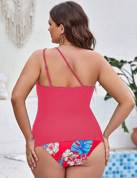 Women Plus Size One Shoulder Two Piece Tankini Sets - PRUSES