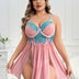 Women Plus Size Pink Contrast Lace Open Front Babydoll - PRUSES