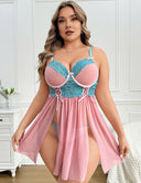 Women Plus Size Pink Contrast Lace Open Front Babydoll - PRUSES