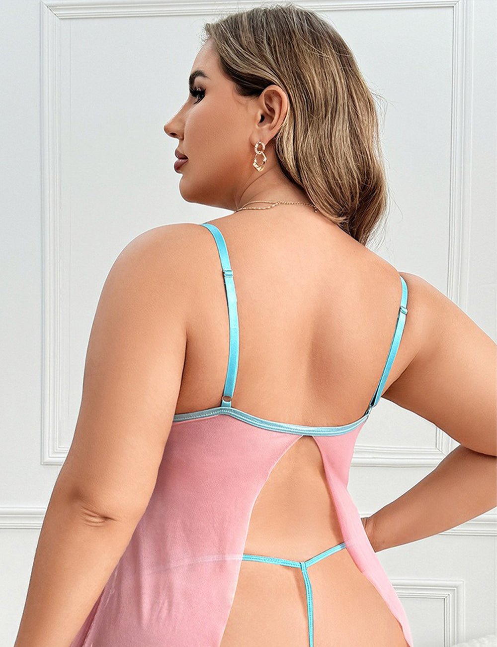 Women Plus Size Pink Contrast Lace Open Front Babydoll - PRUSES