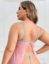 Women Plus Size Pink Contrast Lace Open Front Babydoll - PRUSES