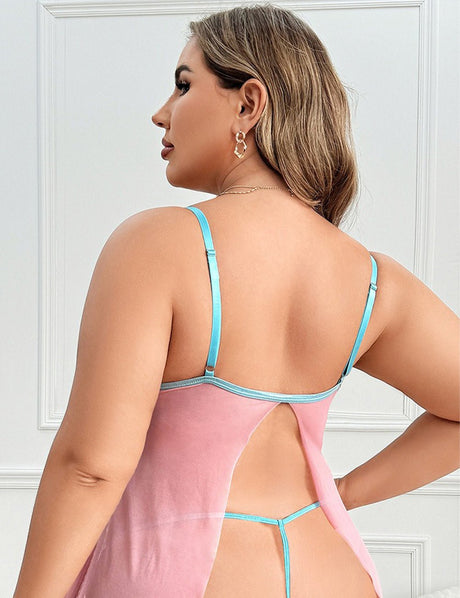 Women Plus Size Pink Contrast Lace Open Front Babydoll - PRUSES