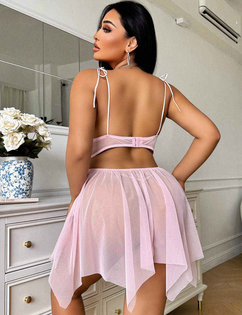 Women Plus Size Pink Embroidered Babydoll Lingerie - PRUSES