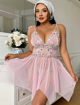 Women Plus Size Pink Embroidered Babydoll Lingerie - PRUSES