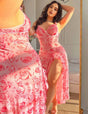 Women Plus Size Pink Floral Pattern Long Mesh Babydoll - PRUSES