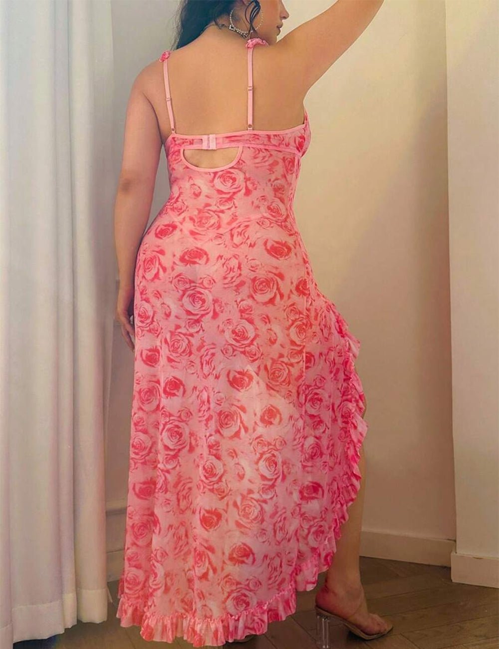 Women Plus Size Pink Floral Pattern Long Mesh Babydoll - PRUSES