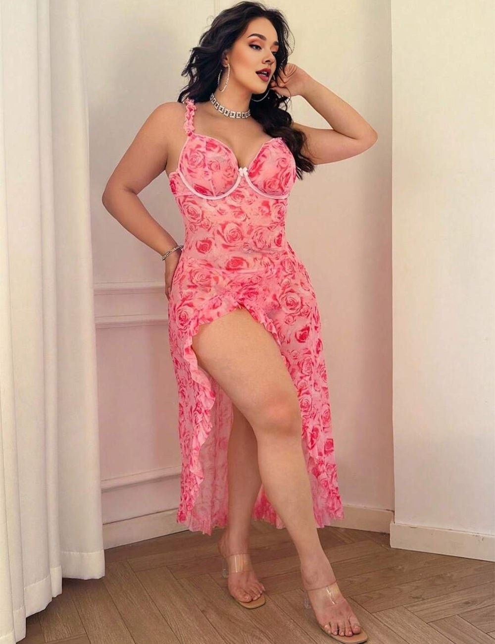 Women Plus Size Pink Floral Pattern Long Mesh Babydoll - PRUSES