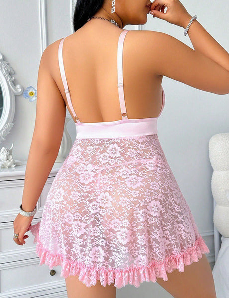 Women Plus Size Pink Front Slit Lace Trim Babydoll - PRUSES