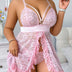 Women Plus Size Pink Front Slit Lace Trim Babydoll - PRUSES