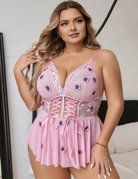 Women Plus Size Pink Lace Teddy Bodysuit - PRUSES