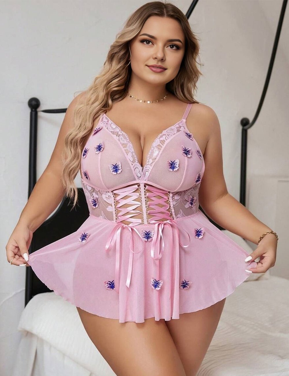 Women Plus Size Pink Lace Teddy Bodysuit - PRUSES
