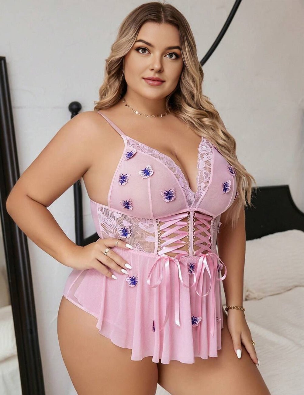Women Plus Size Pink Lace Teddy Bodysuit - PRUSES