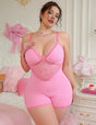 Women Plus Size Pink Ribbed Lace Patchwork Bodysuit - PRUSES