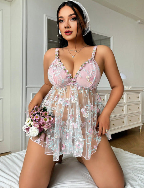 Women Plus Size Pink See - Through Embroidered Babydoll - PRUSES