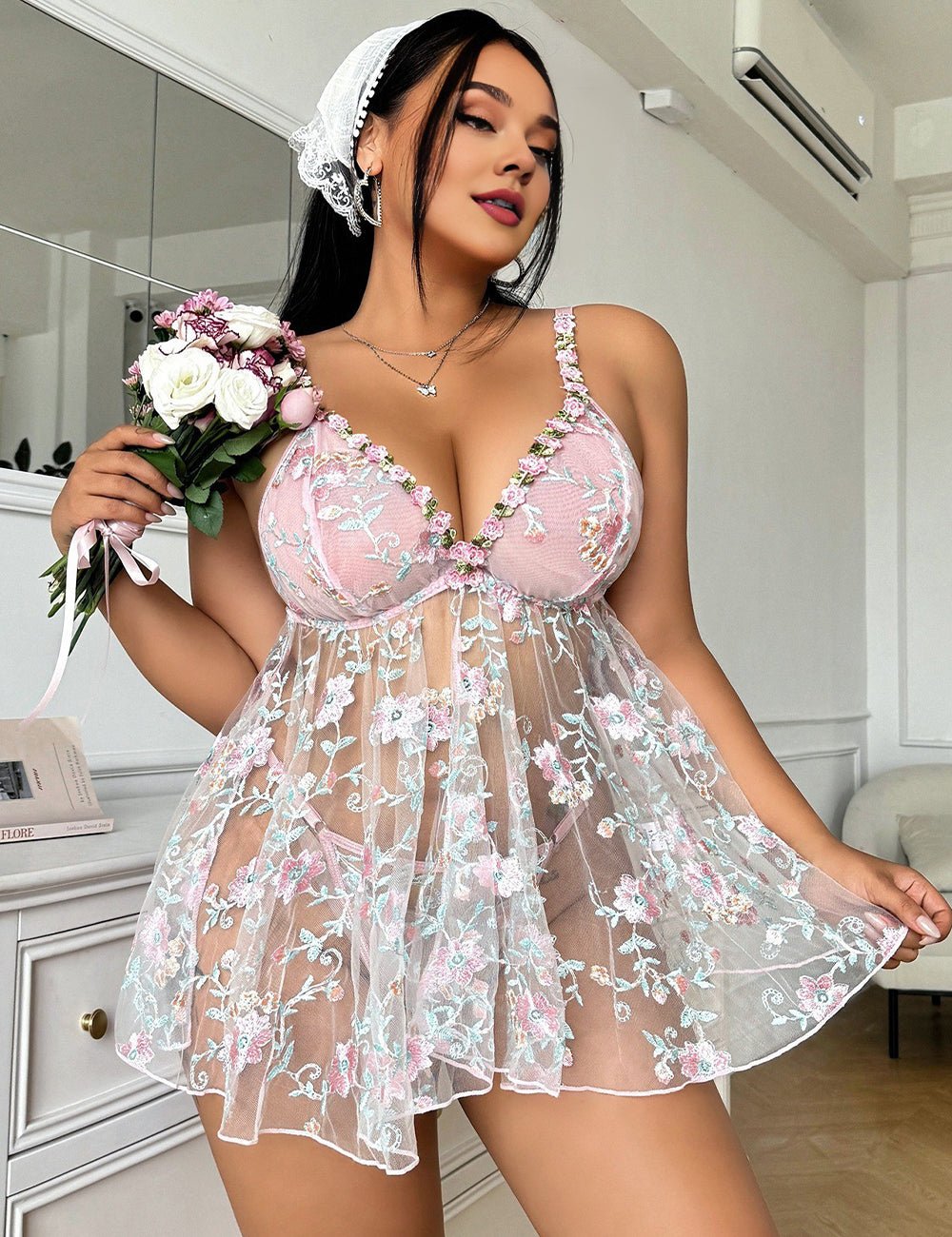 Women Plus Size Pink See - Through Embroidered Babydoll - PRUSES