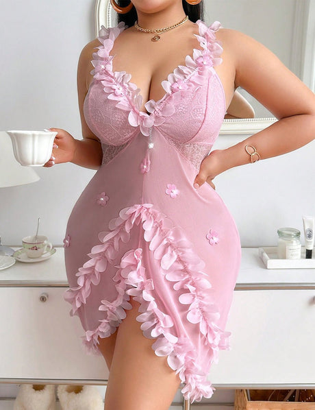 Women Plus Size Pink Sexy Ruffle Lace Babydoll | PRUSES - PRUSES