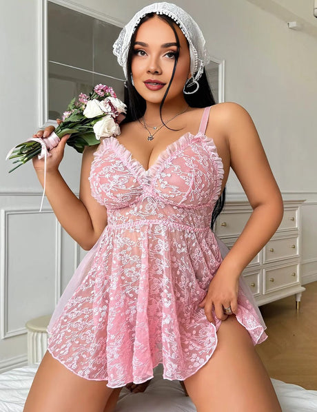 Women Plus Size Pink Transparent Babydoll - PRUSES
