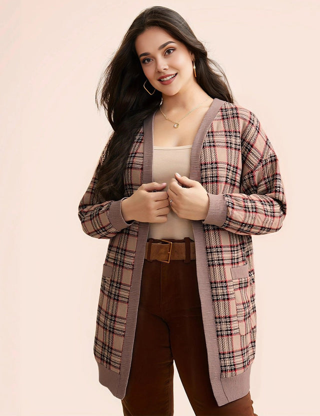 Women Plus Size Plaid Open Front Patch Pocket Cardigan - PRUSES