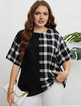 Women Plus Size Plaid Patchwork Short Sleeves | PRUSES - PRUSES