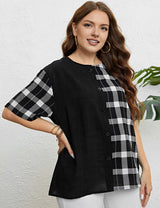 Women Plus Size Plaid Patchwork Short Sleeves | PRUSES - PRUSES