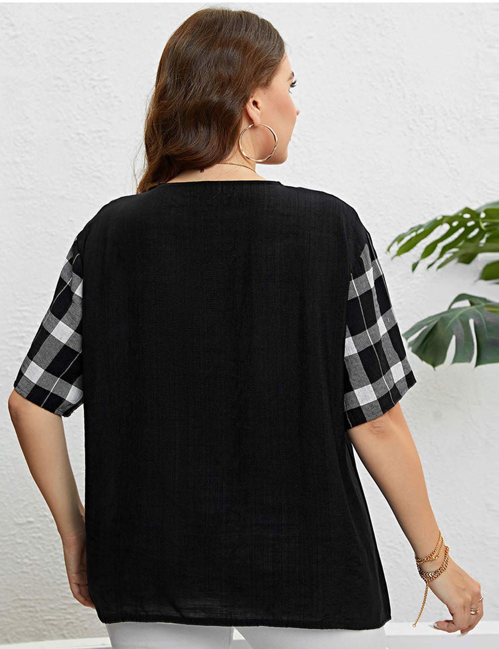 Women Plus Size Plaid Patchwork Short Sleeves | PRUSES - PRUSES