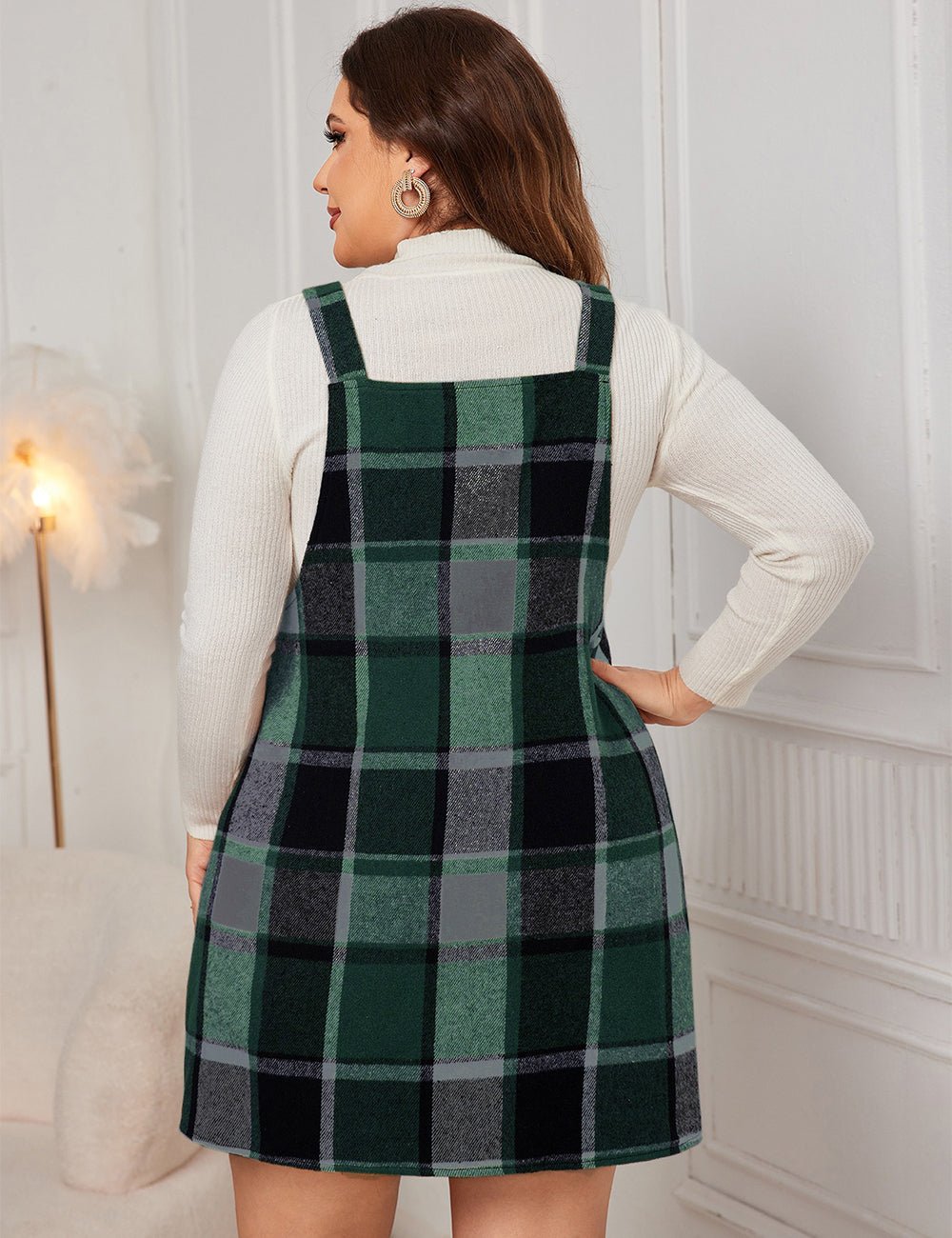Women Plus Size Plaid Print Wool - Blend Pinafore Dress - PRUSES