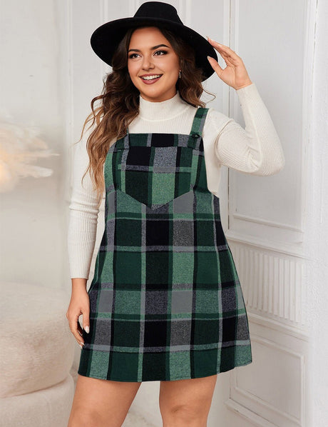 Women Plus Size Plaid Print Wool - Blend Pinafore Dress - PRUSES
