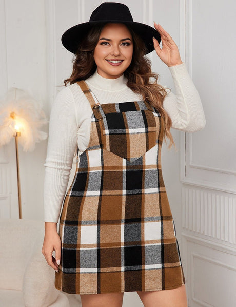 Women Plus Size Plaid Print Wool - Blend Pinafore Dress - PRUSES