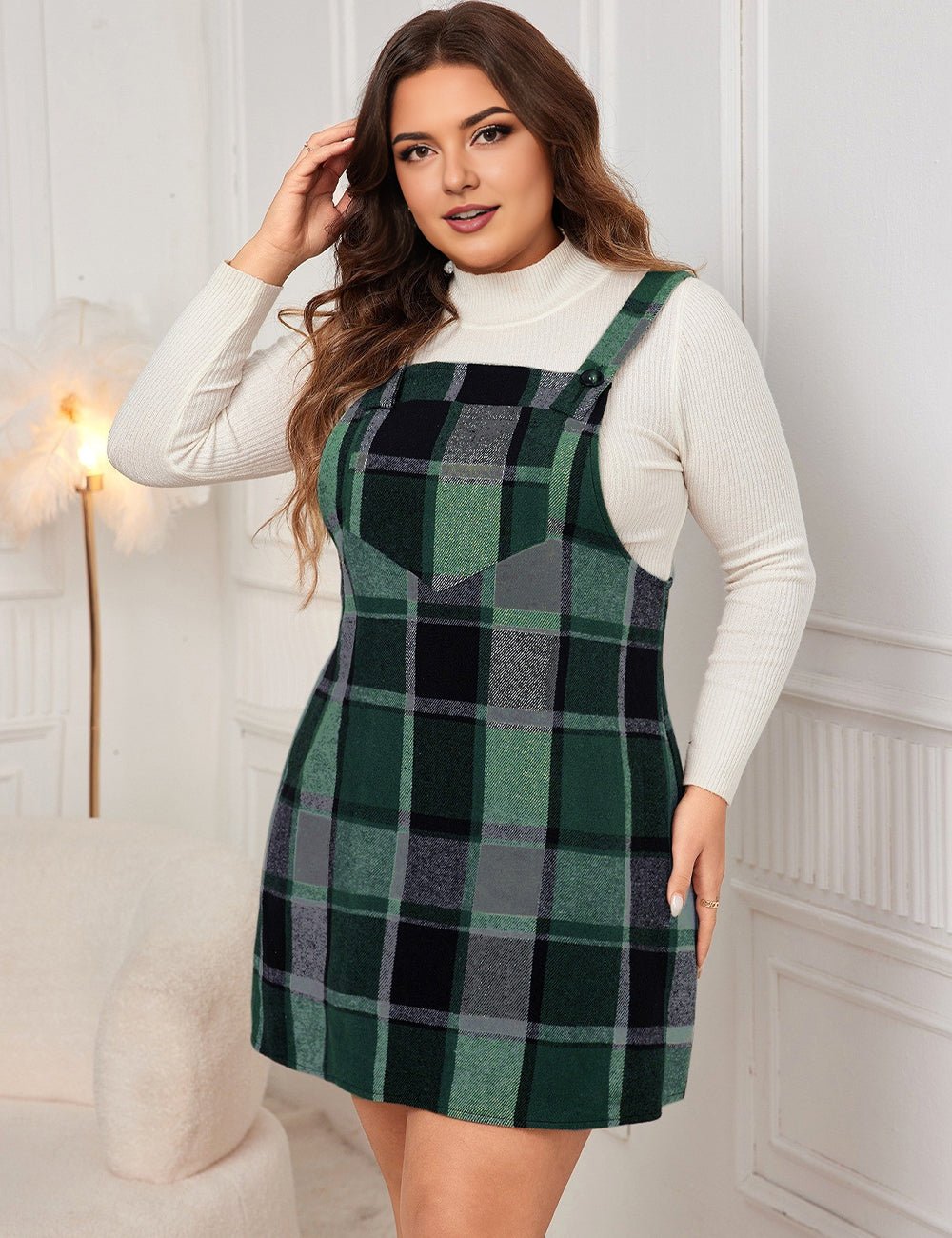Women Plus Size Plaid Print Wool - Blend Pinafore Dress - PRUSES