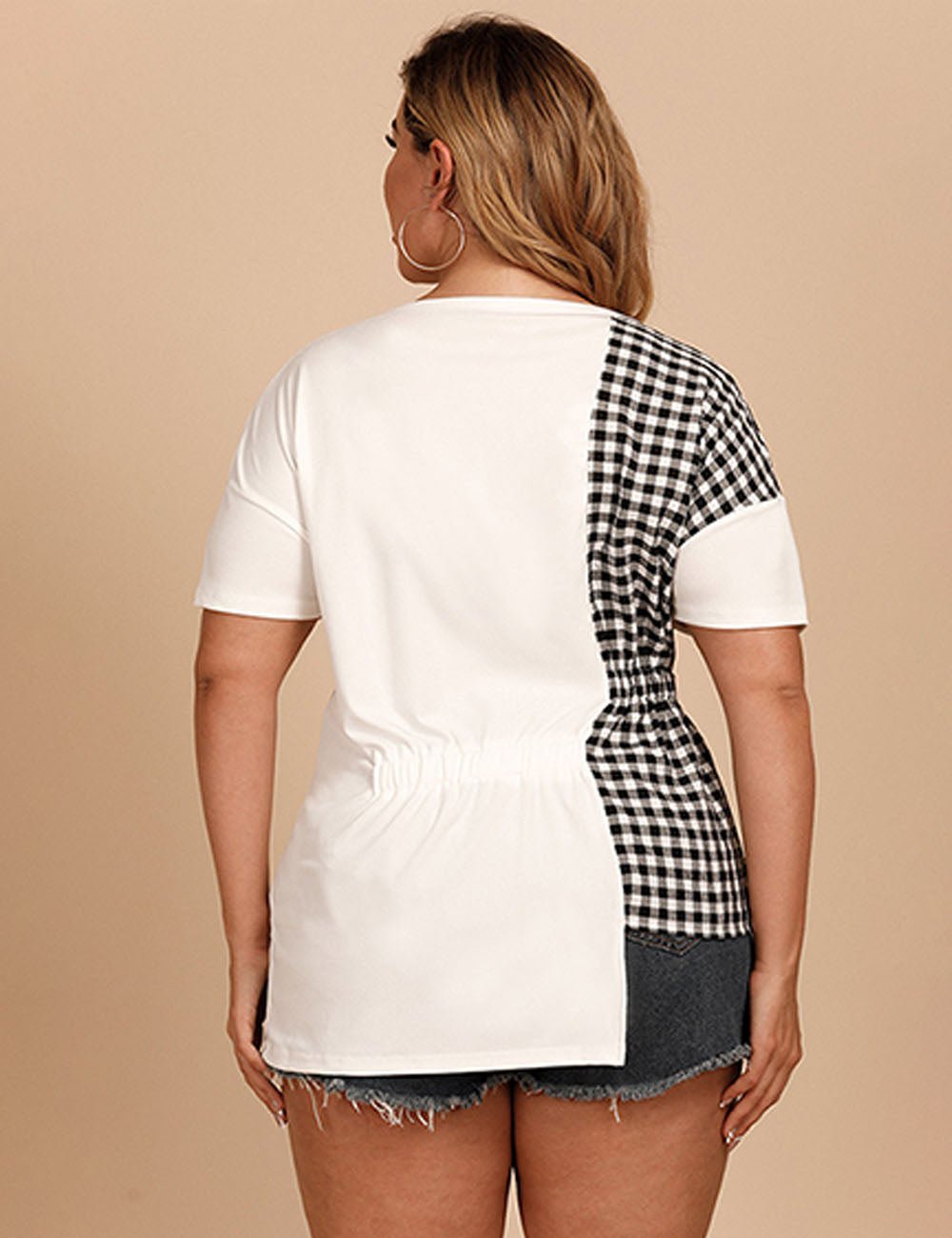 Women Plus Size Plaid Short Sleeve T Shirt Elastic Waist | PRUSES - PRUSES