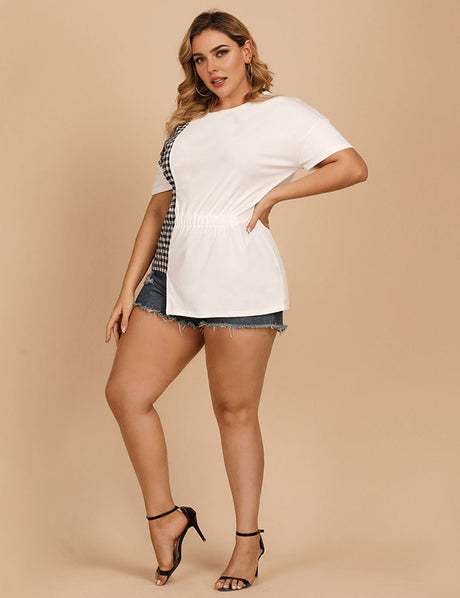 Women Plus Size Plaid Short Sleeve T Shirt Elastic Waist | PRUSES - PRUSES