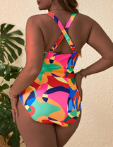 Women Plus Size Pleated Front Colorful One - Piece Swimsuit - PRUSES