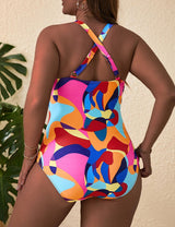 Women Plus Size Pleated Front Colorful One - Piece Swimsuit - PRUSES