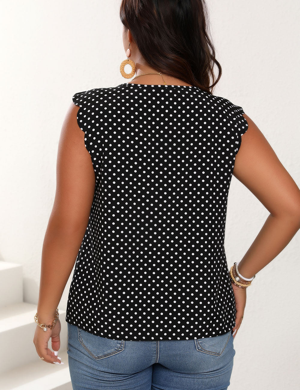 Women Plus Size Polka Dot Flying Sleeves Round Neck Short Sleeves | PRUSES - PRUSES
