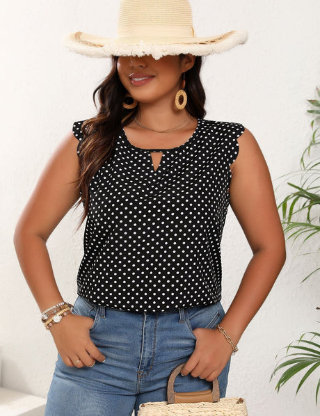 Women Plus Size Polka Dot Flying Sleeves Round Neck Short Sleeves | PRUSES - PRUSES