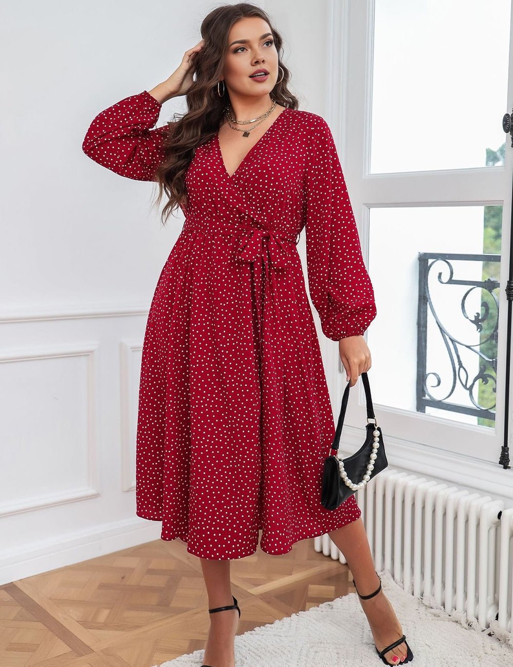 Women Plus Size Polka Dot Printed Boho Maxi Dress - PRUSES