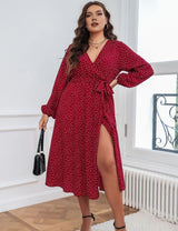 Women Plus Size Polka Dot Printed Boho Maxi Dress - PRUSES