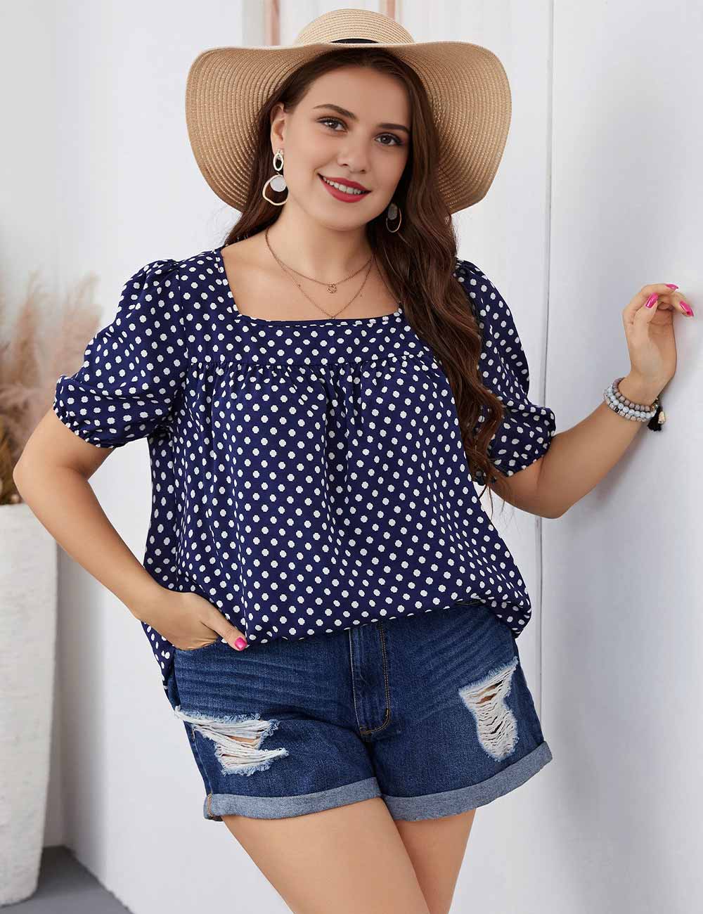 Blue Plus Size Polka Dot Square Neck Puff Sleeve Blouse