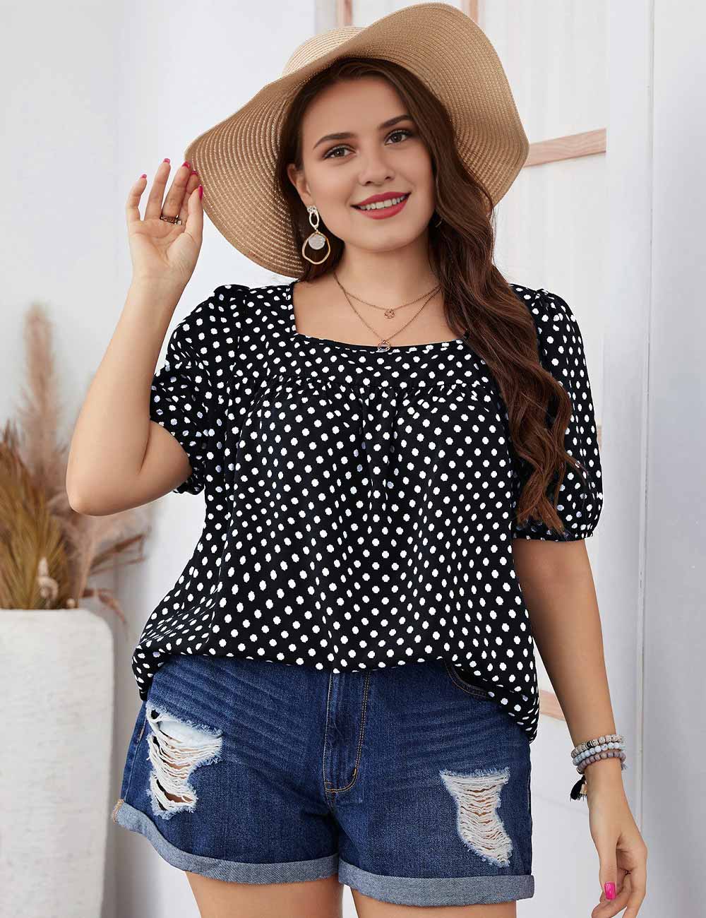 Plus Size Black Polka Dot Square Neck Puff Sleeve Blouse
