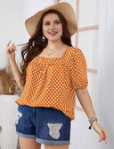 Plus Size Orange Polka Dot Square Neck Puff Sleeve Blouse
