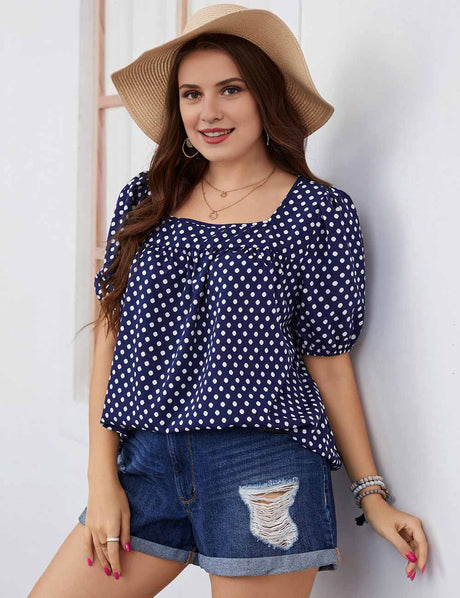 Plus Size Blue Polka Dot Square Neck Puff Sleeve Blouse