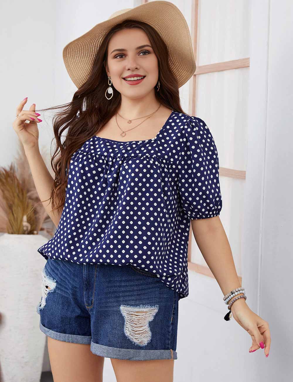 Plus Size Blue Polka Dot Square Neck Short Sleeve Top