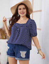 Plus Size Blue Polka Dot Square Neck Short Sleeve Top