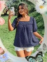 Plus Size Blue Polka Dot Square Neck Blouse Short Sleeve
