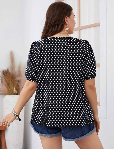 Black Plus Size Polka Dot Square Neck Puff Sleeve Blouse