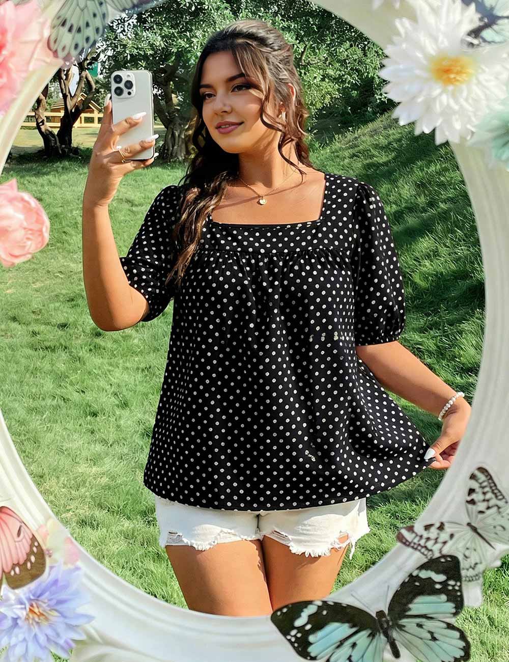 Black Plus Size Polka Dot Square Neck Puff Sleeve Blouse