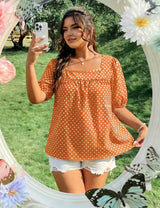 Plus Size Orange Polka Dot Square Neck Blouse Short Sleeve