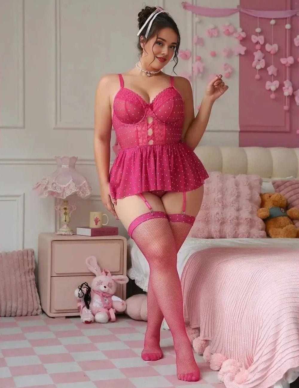 Women Plus Size Polka Dots Lace Babydoll - PRUSES